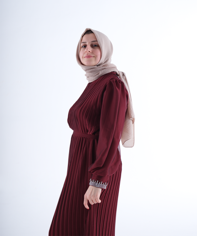 Pilise Detay Elbise - Bordo - Görsel 3