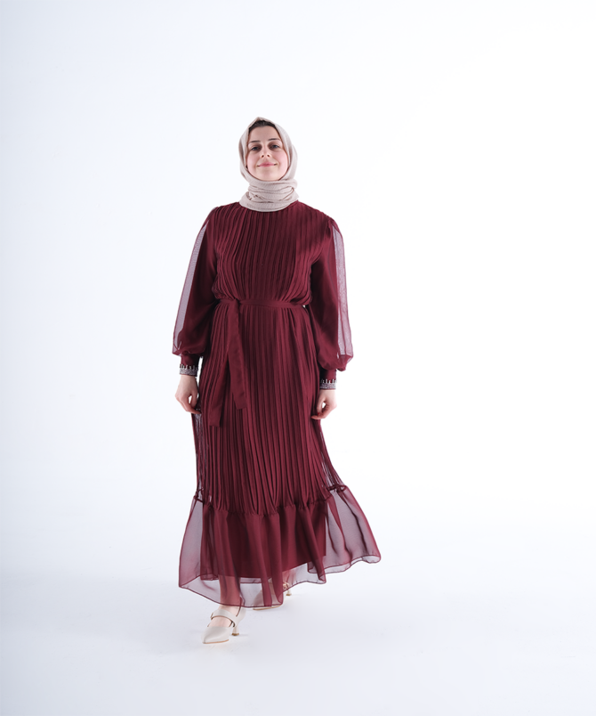 Pilise Detay Elbise - Bordo - Görsel 2