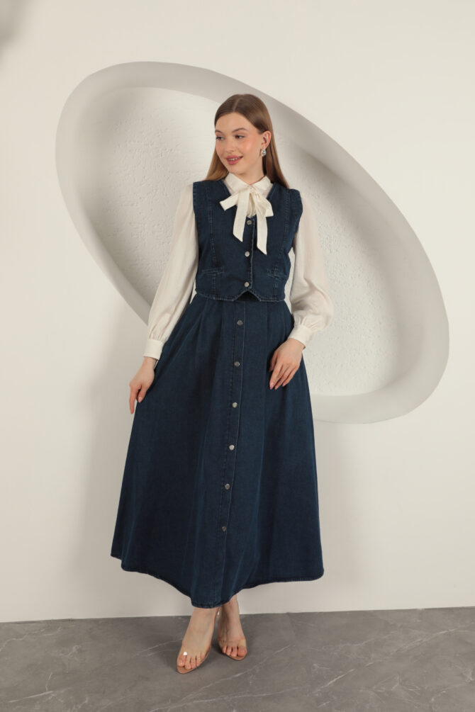 Denim Kumaş Yelekli Takım - Lacivert