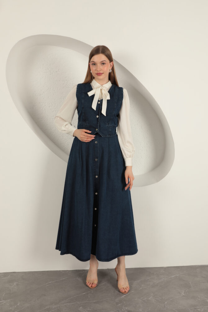 Denim Kumaş Yelekli Takım - Lacivert - Görsel 4