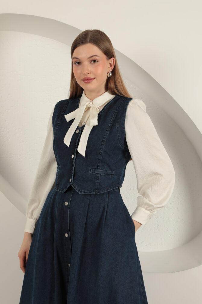 Denim Kumaş Yelekli Takım - Lacivert - Görsel 7