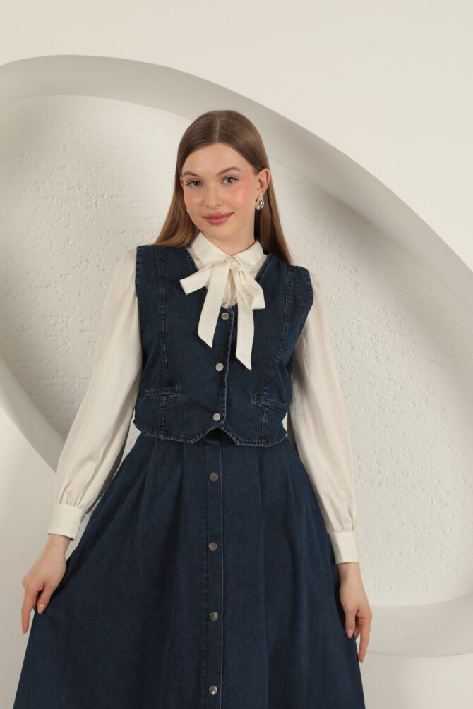 Denim Kumaş Yelekli Takım - Lacivert - Görsel 8