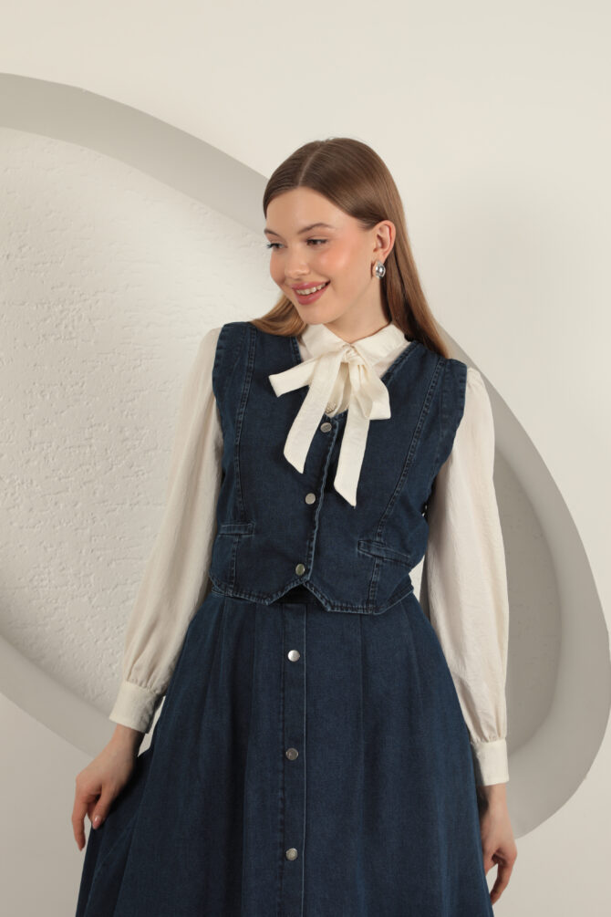 Denim Kumaş Yelekli Takım - Lacivert - Görsel 5