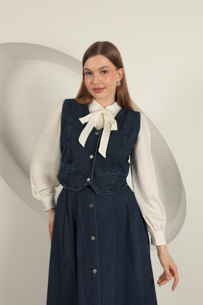 Denim Kumaş Yelekli Takım - Lacivert - Görsel 6