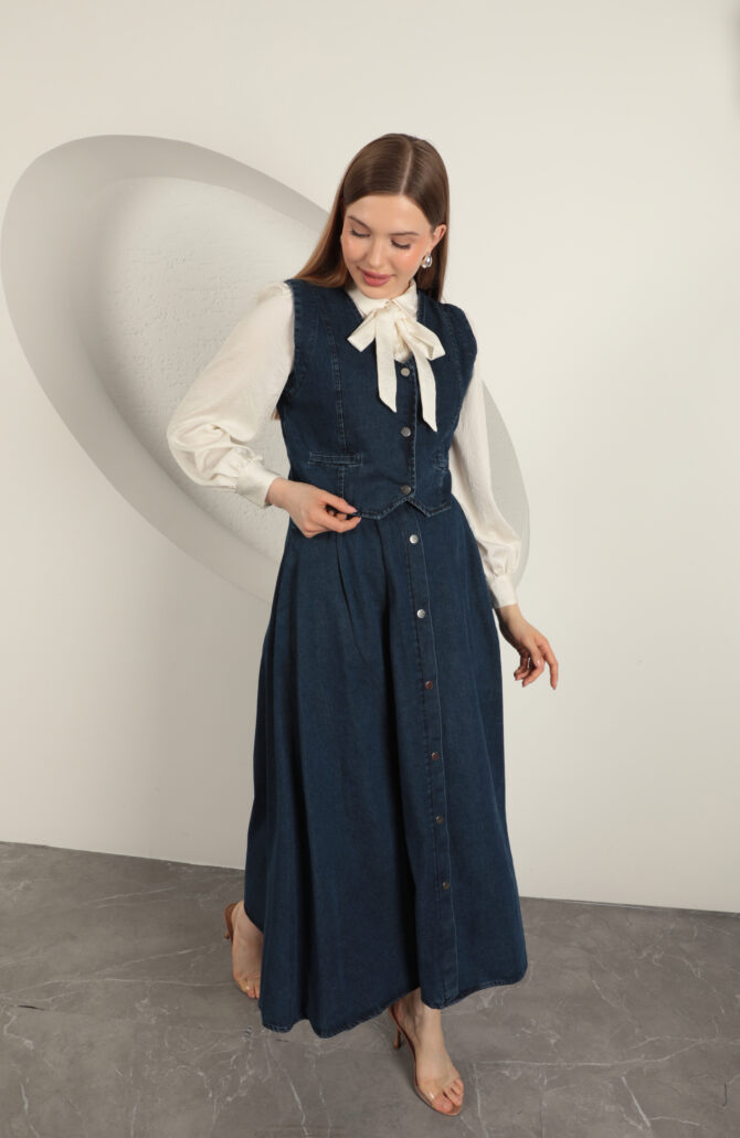 Denim Kumaş Yelekli Takım - Lacivert - Görsel 3