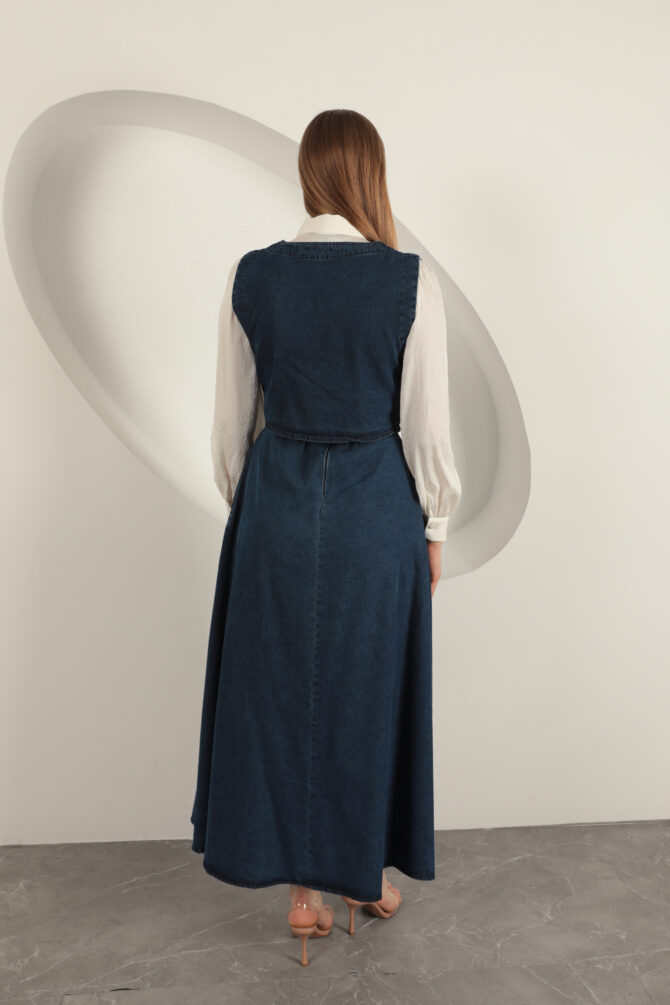 Denim Kumaş Yelekli Takım - Lacivert - Görsel 16