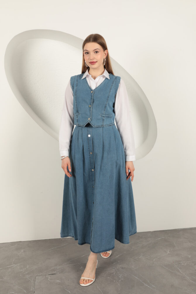 Denim Kumaş Yelekli Takım - Mavi - Görsel 2