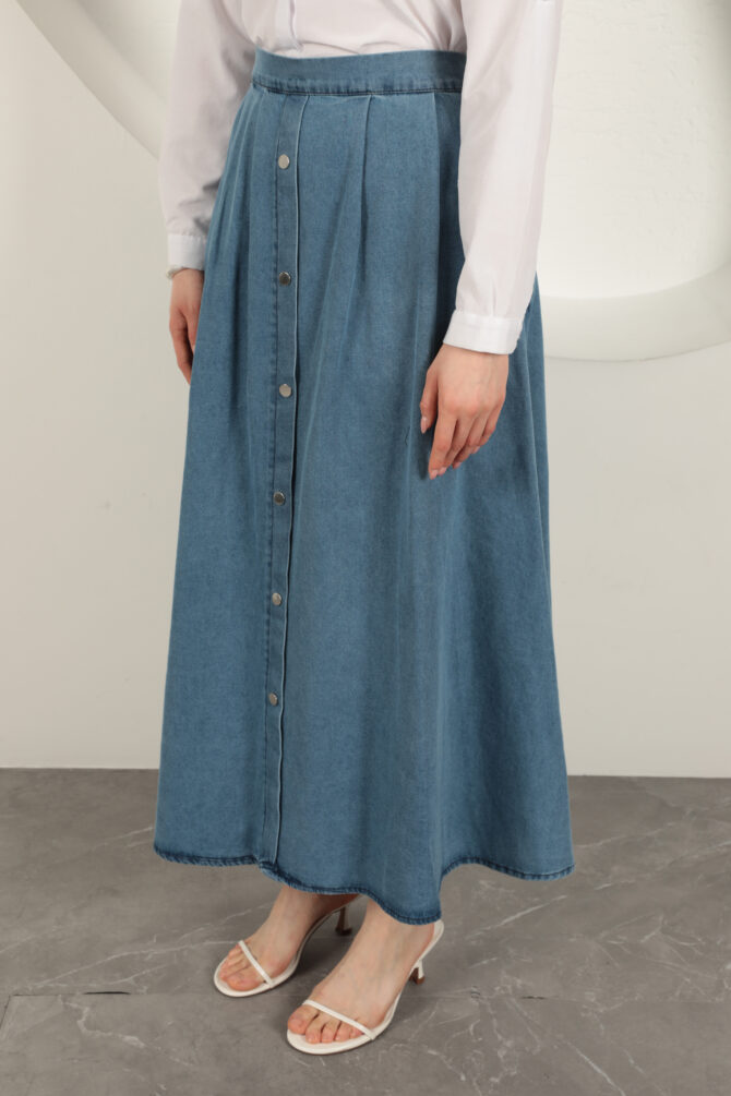 Denim Kumaş Yelekli Takım - Mavi - Görsel 11