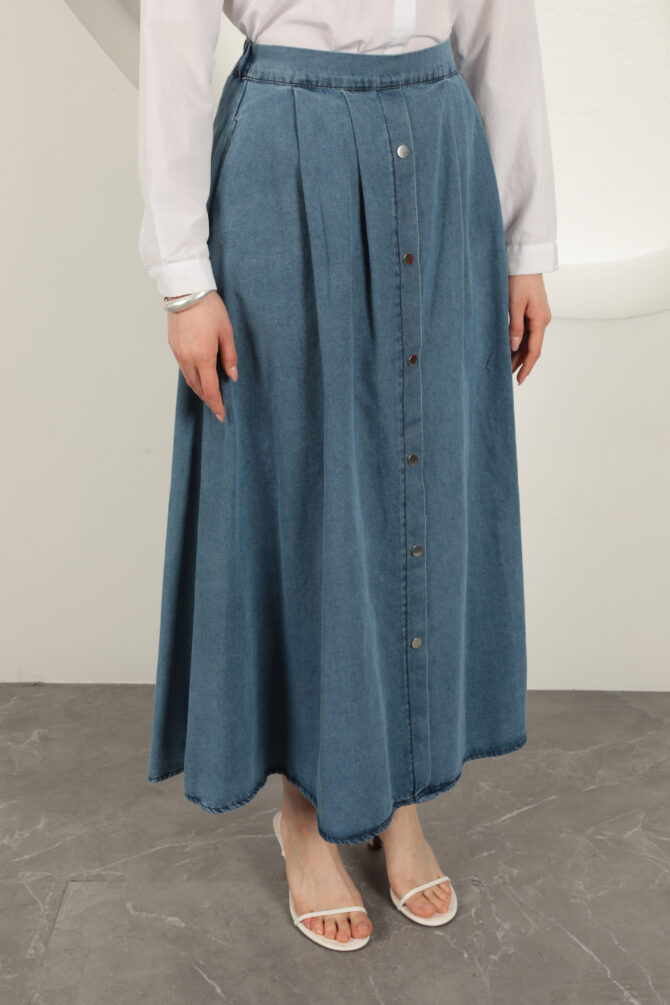 Denim Kumaş Yelekli Takım - Mavi - Görsel 12