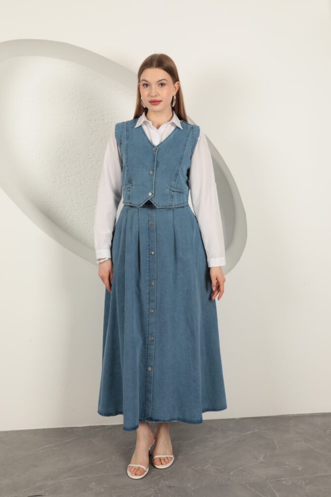 Denim Kumaş Yelekli Takım - Mavi - Görsel 3
