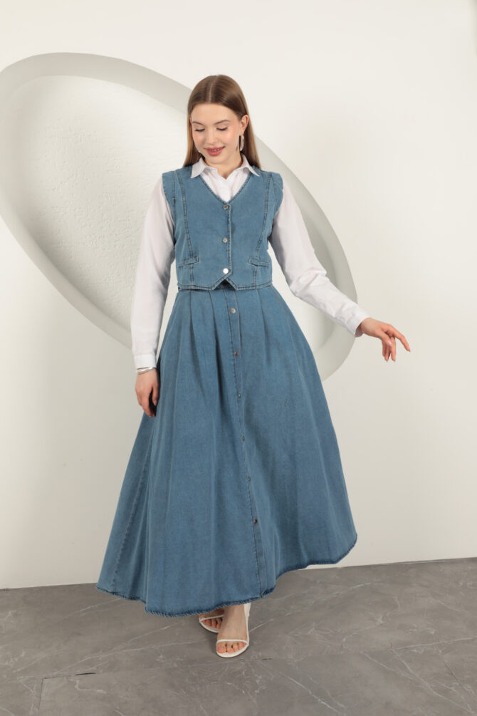 Denim Kumaş Yelekli Takım - Mavi - Görsel 4