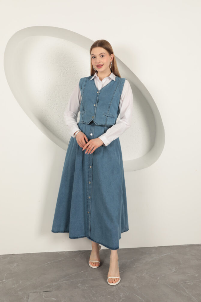 Denim Kumaş Yelekli Takım - Mavi