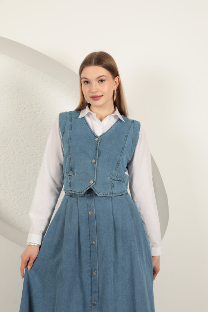 Denim Kumaş Yelekli Takım - Mavi - Görsel 6