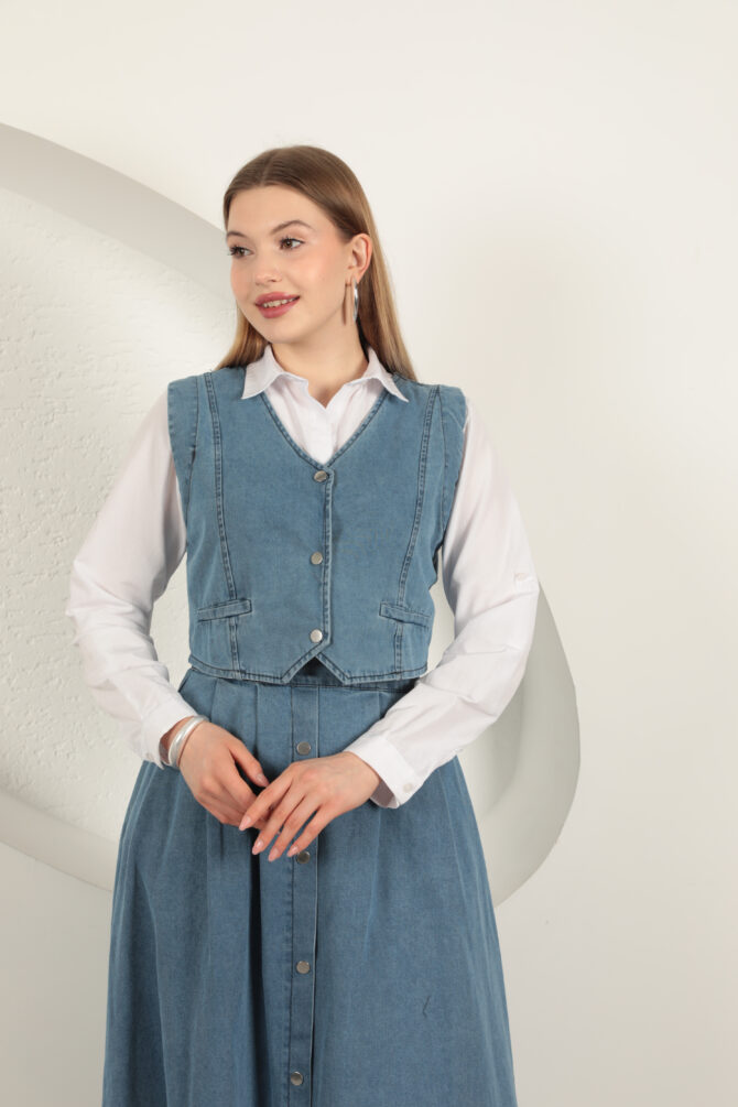 Denim Kumaş Yelekli Takım - Mavi - Görsel 7