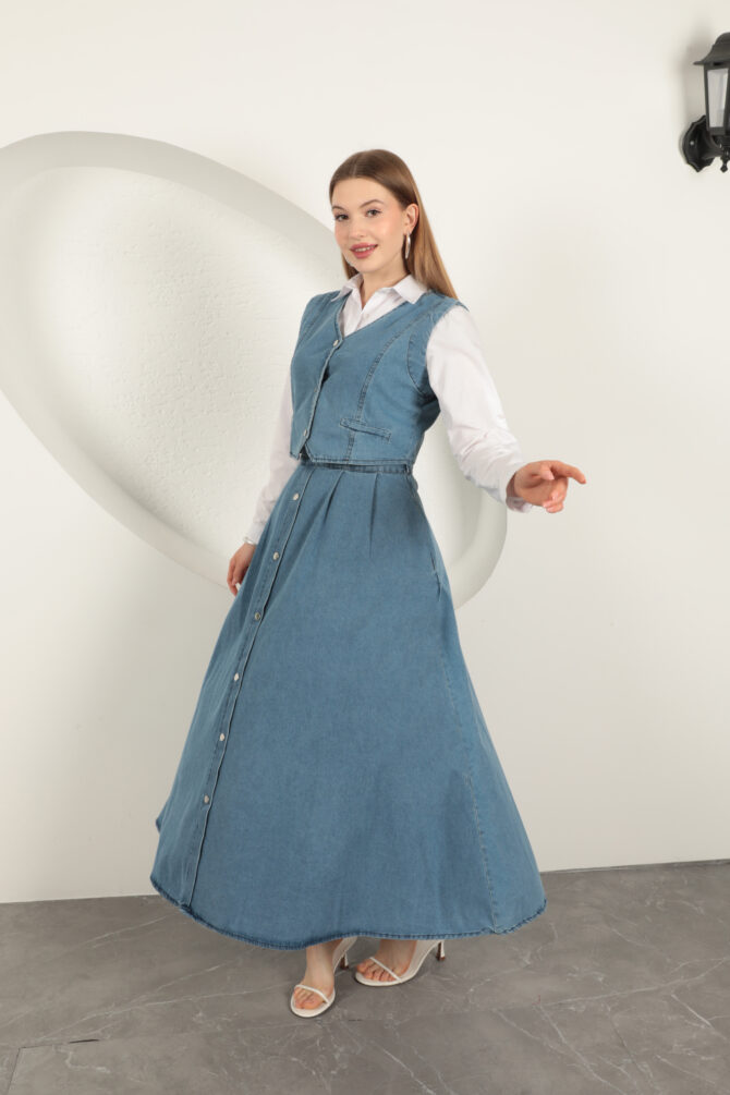 Denim Kumaş Yelekli Takım - Mavi - Görsel 5
