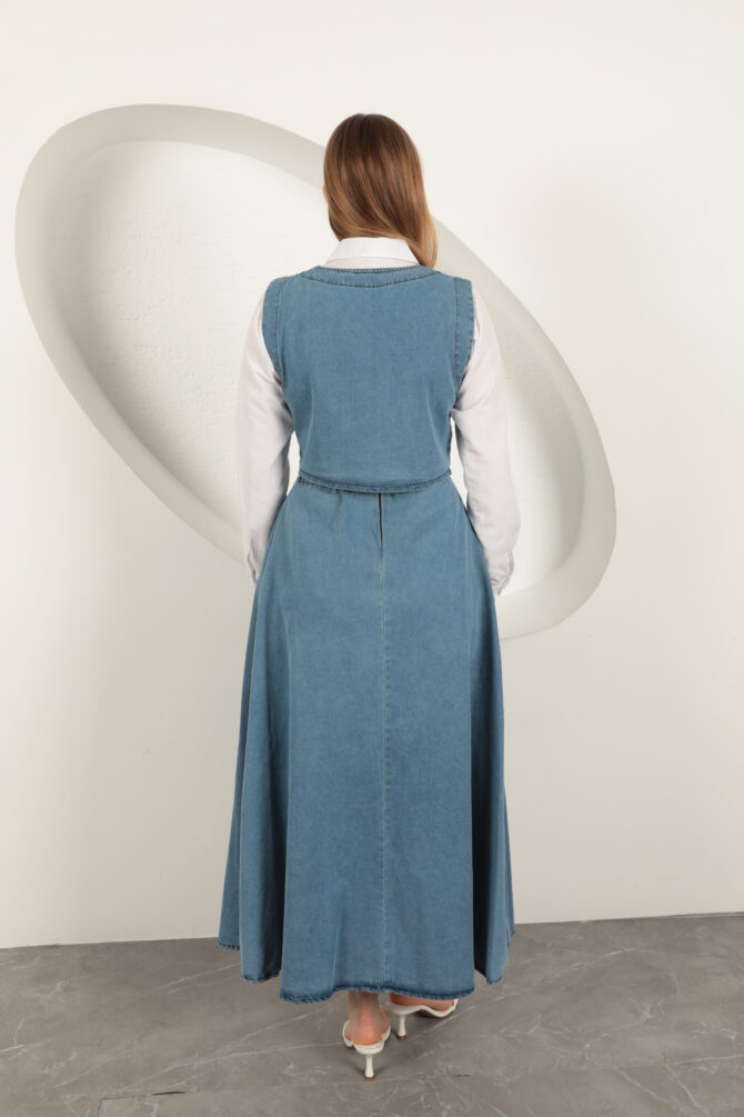 Denim Kumaş Yelekli Takım - Mavi - Görsel 14