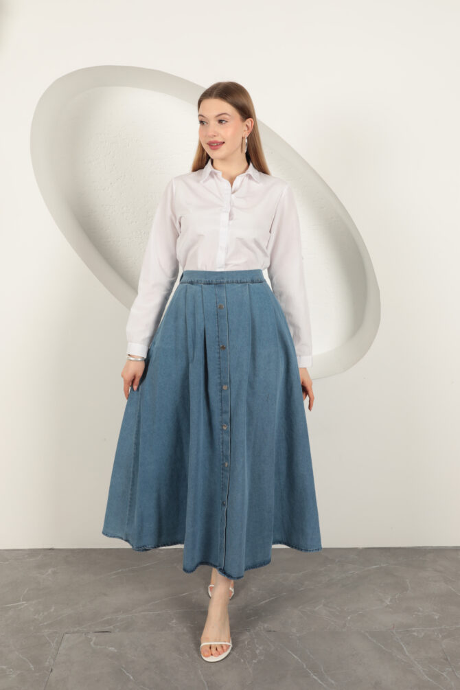 Denim Kumaş Yelekli Takım - Mavi - Görsel 8