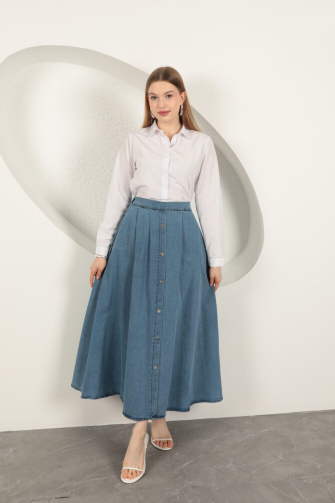 Denim Kumaş Yelekli Takım - Mavi - Görsel 10