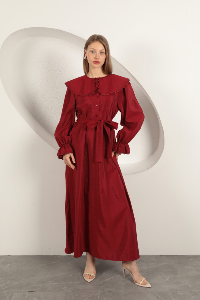 Modal Kumaş Dantelli Elbise - Bordo