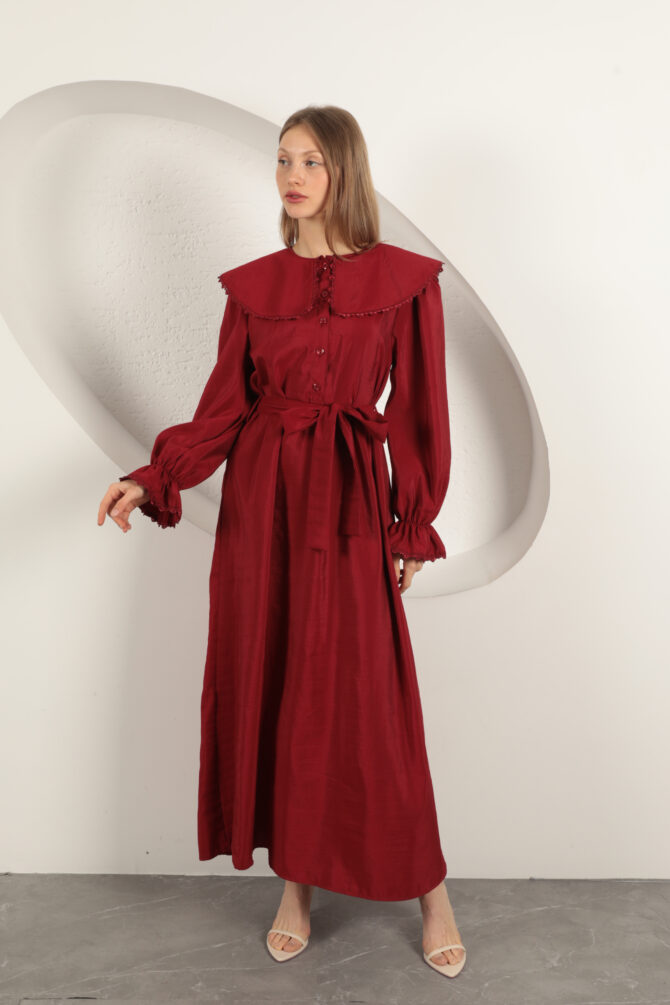 Modal Kumaş Dantelli Elbise - Bordo - Görsel 4