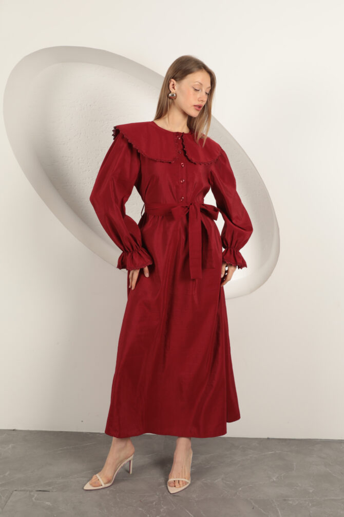 Modal Kumaş Dantelli Elbise - Bordo - Görsel 2