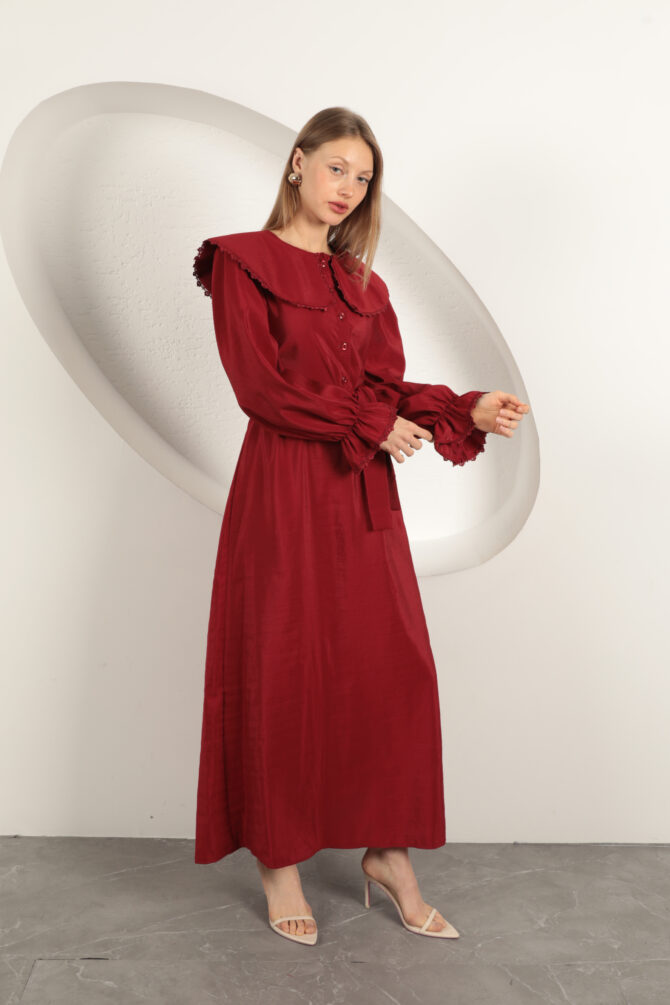 Modal Kumaş Dantelli Elbise - Bordo - Görsel 3