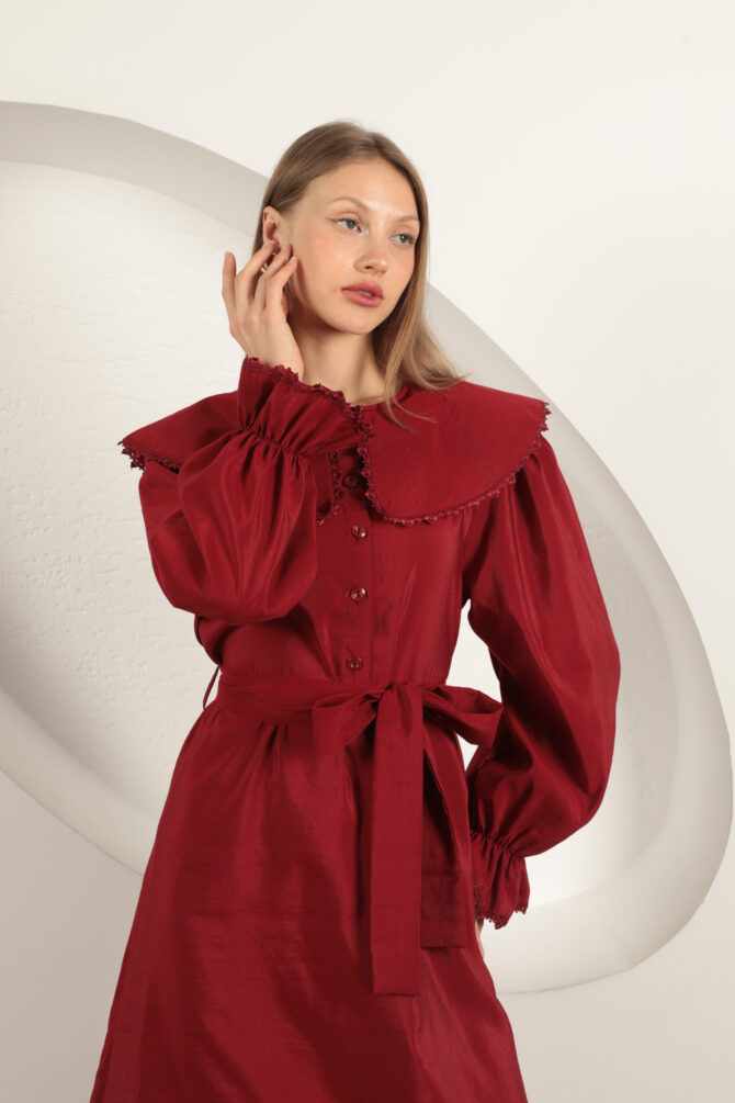 Modal Kumaş Dantelli Elbise - Bordo - Görsel 5