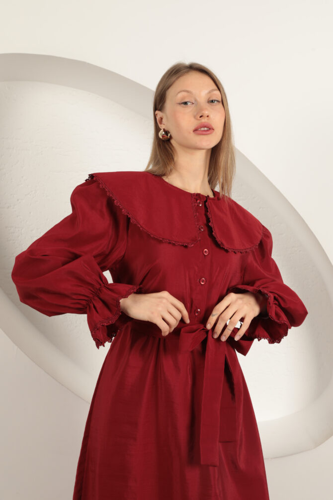 Modal Kumaş Dantelli Elbise - Bordo - Görsel 6