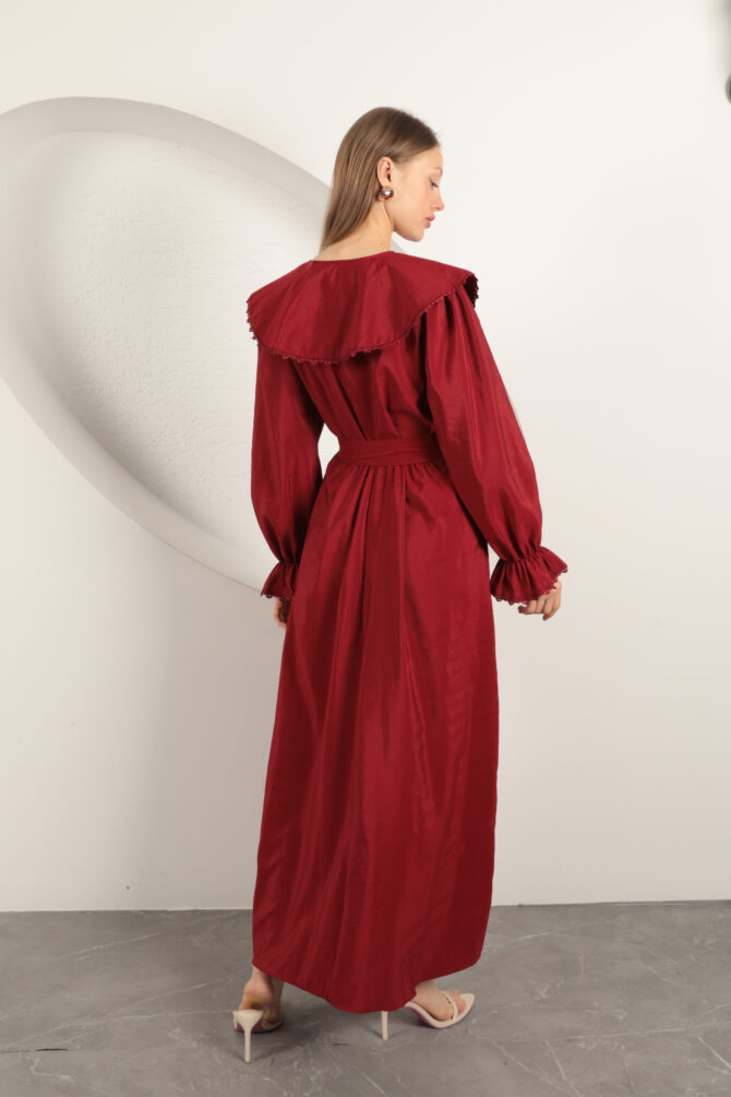 Modal Kumaş Dantelli Elbise - Bordo - Görsel 8