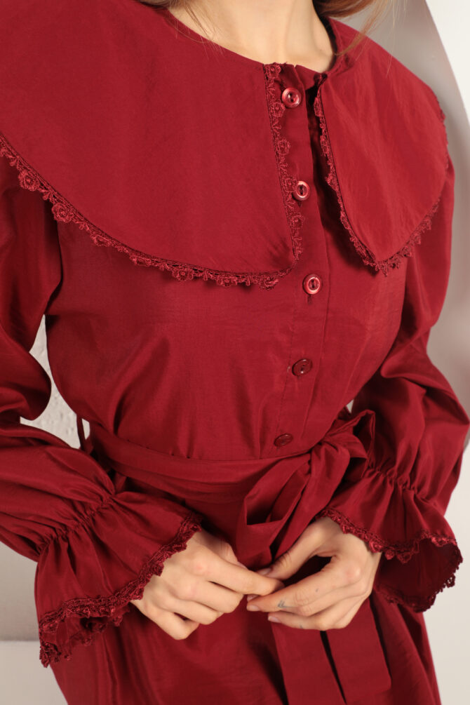Modal Kumaş Dantelli Elbise - Bordo - Görsel 7