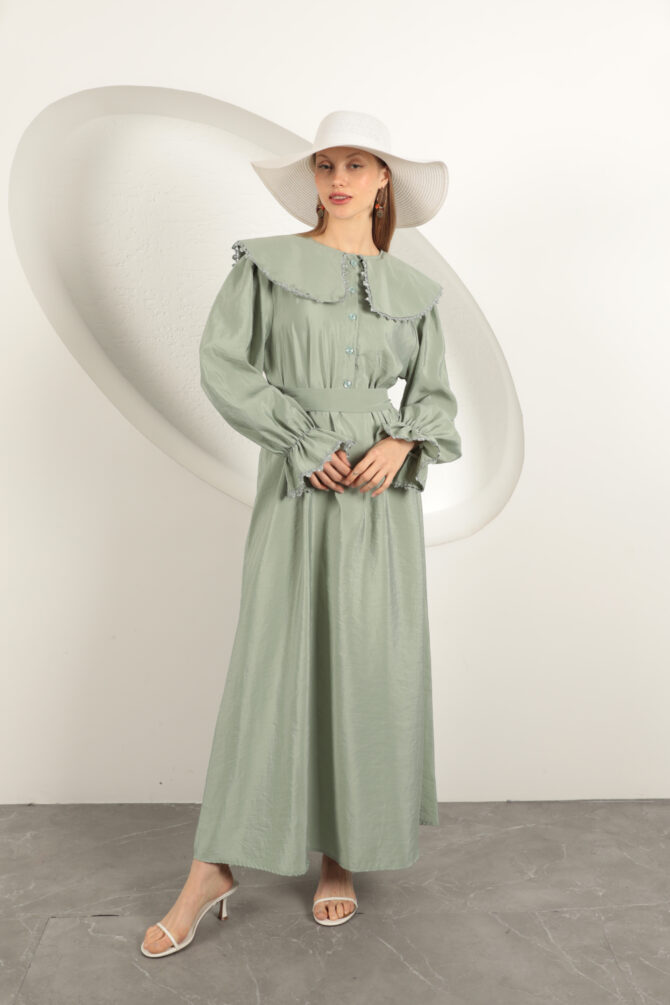 Modal Kumaş Dantelli Elbise - Mint Yeşili - Görsel 2