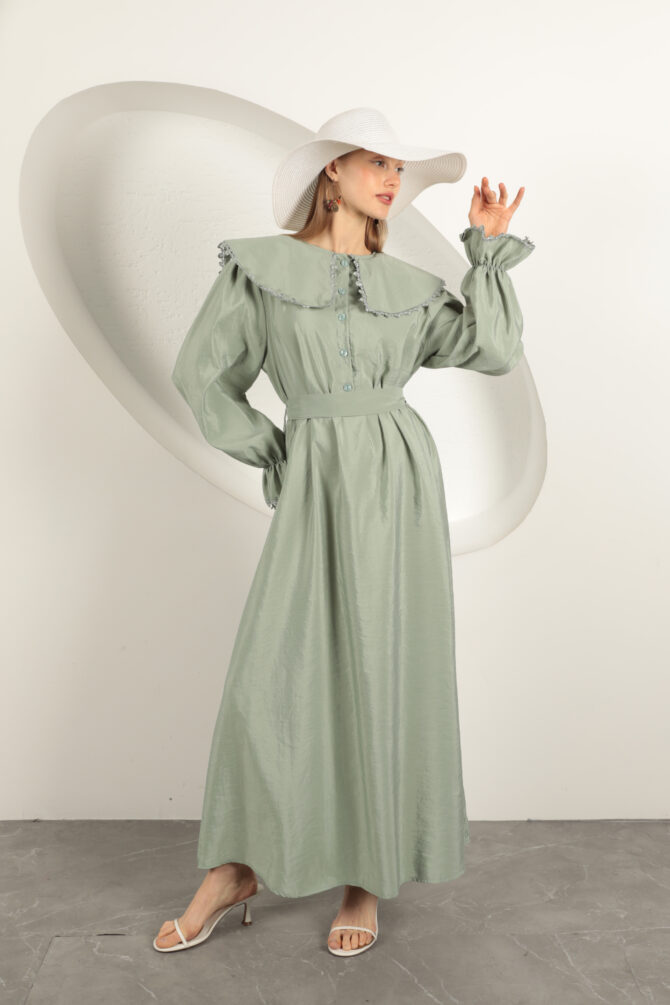 Modal Kumaş Dantelli Elbise - Mint Yeşili
