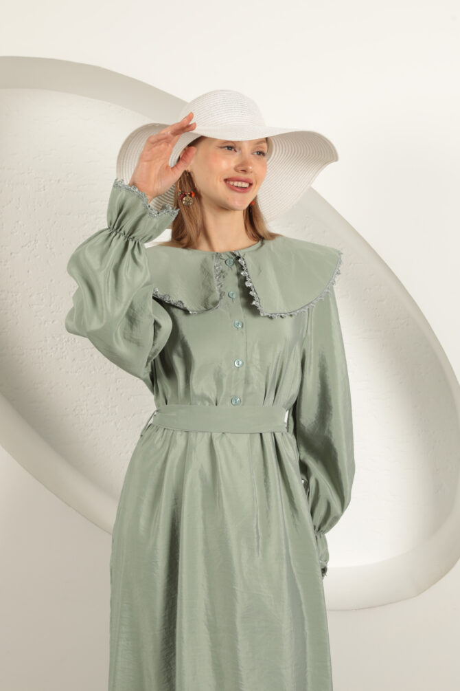 Modal Kumaş Dantelli Elbise - Mint Yeşili - Görsel 6