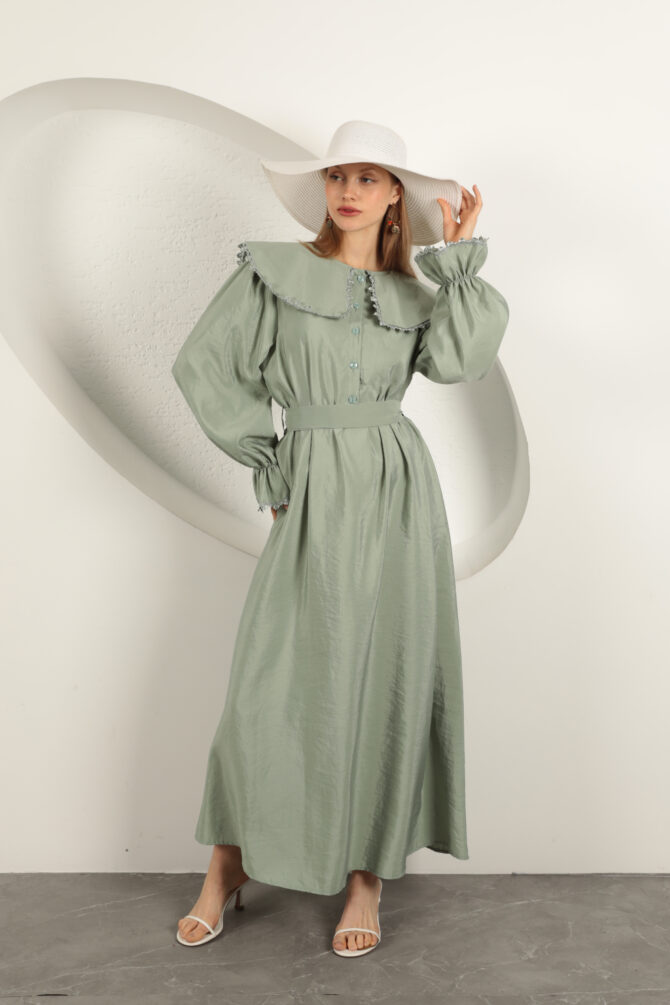 Modal Kumaş Dantelli Elbise - Mint Yeşili - Görsel 3