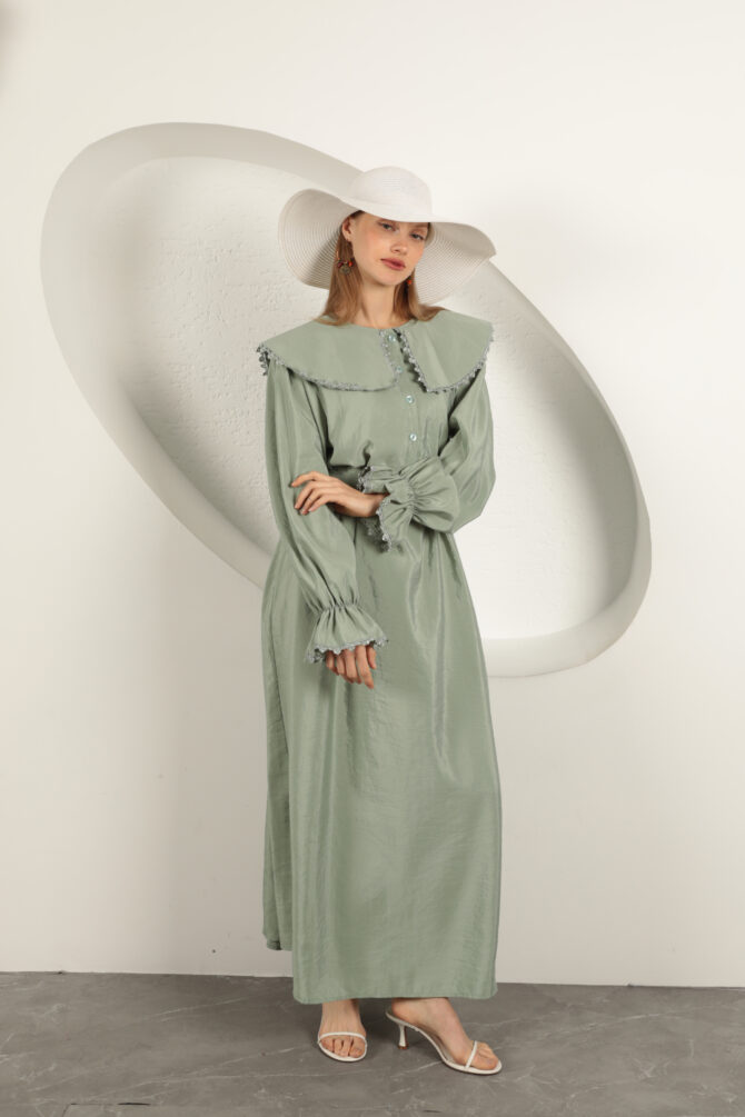 Modal Kumaş Dantelli Elbise - Mint Yeşili - Görsel 4