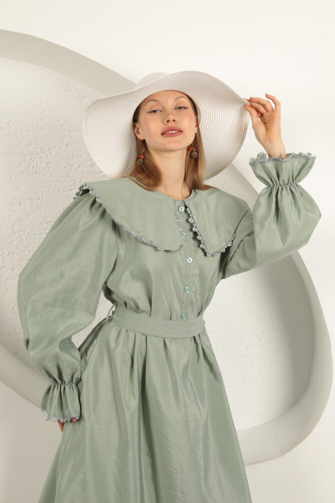 Modal Kumaş Dantelli Elbise - Mint Yeşili - Görsel 8