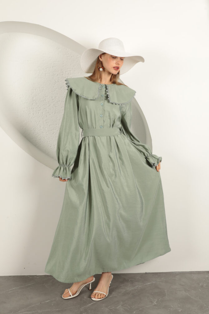 Modal Kumaş Dantelli Elbise - Mint Yeşili - Görsel 5