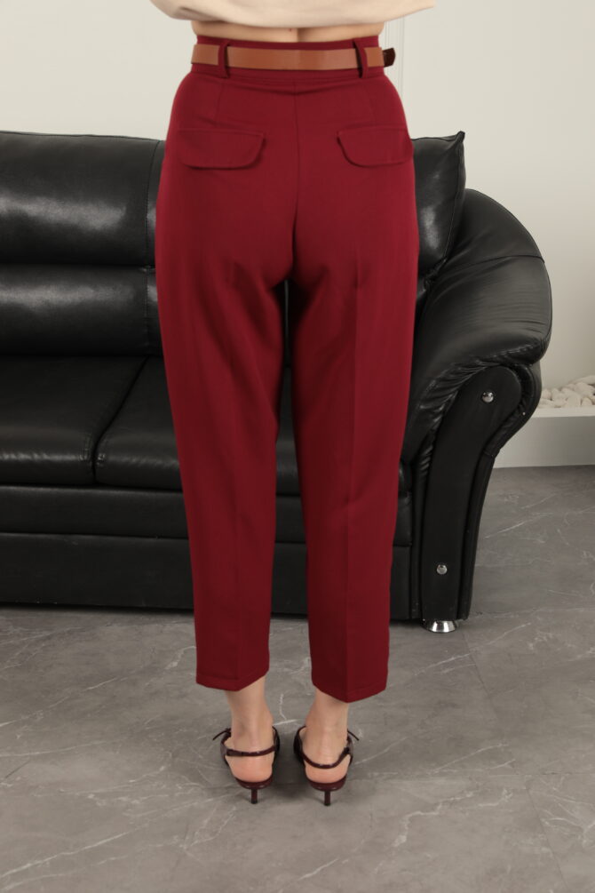 Atlas Kumaş Kemerli Havuç Kesim Pantolon - Bordo - Görsel 9