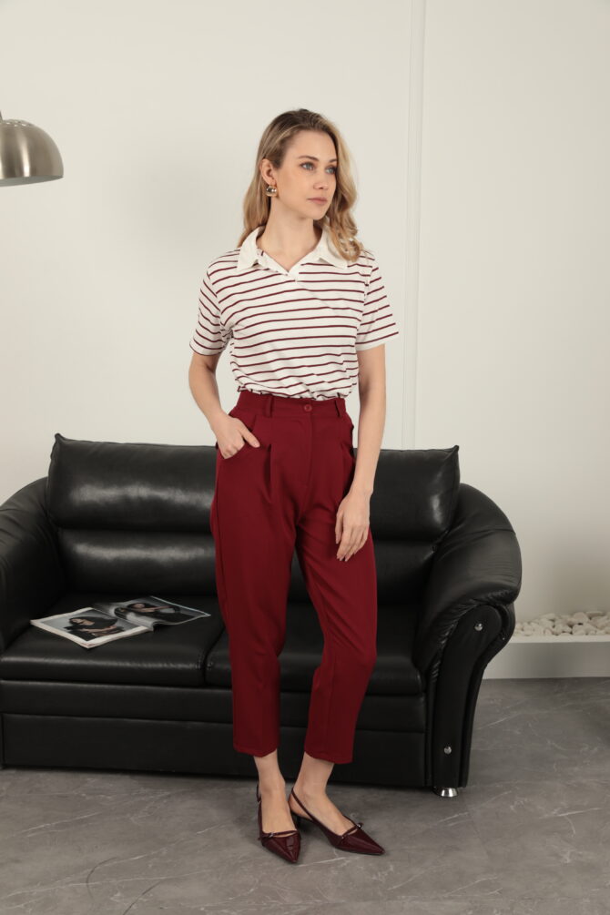 Atlas Kumaş Kemerli Havuç Kesim Pantolon - Bordo - Görsel 3
