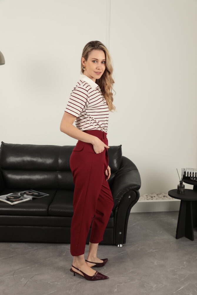 Atlas Kumaş Kemerli Havuç Kesim Pantolon - Bordo - Görsel 6