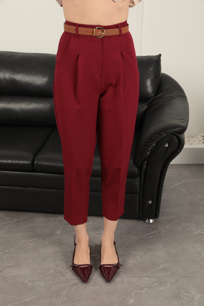Atlas Kumaş Kemerli Havuç Kesim Pantolon - Bordo - Görsel 7