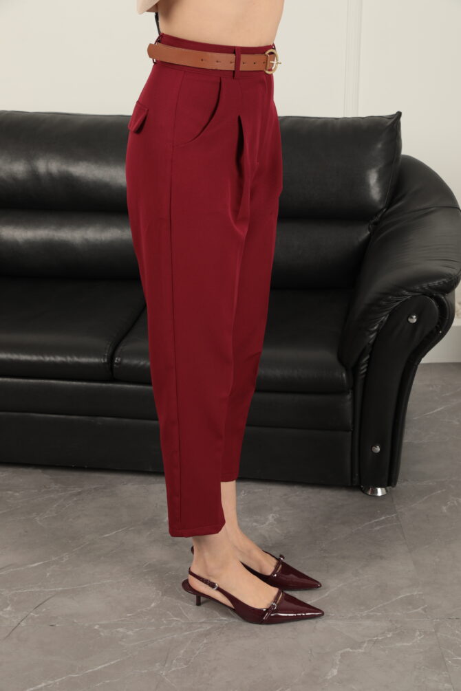 Atlas Kumaş Kemerli Havuç Kesim Pantolon - Bordo - Görsel 8