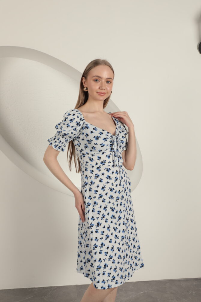 Bürümcük Kumaş Çıtır Çiçek Desen Elbise - Saks Mavi - Görsel 6