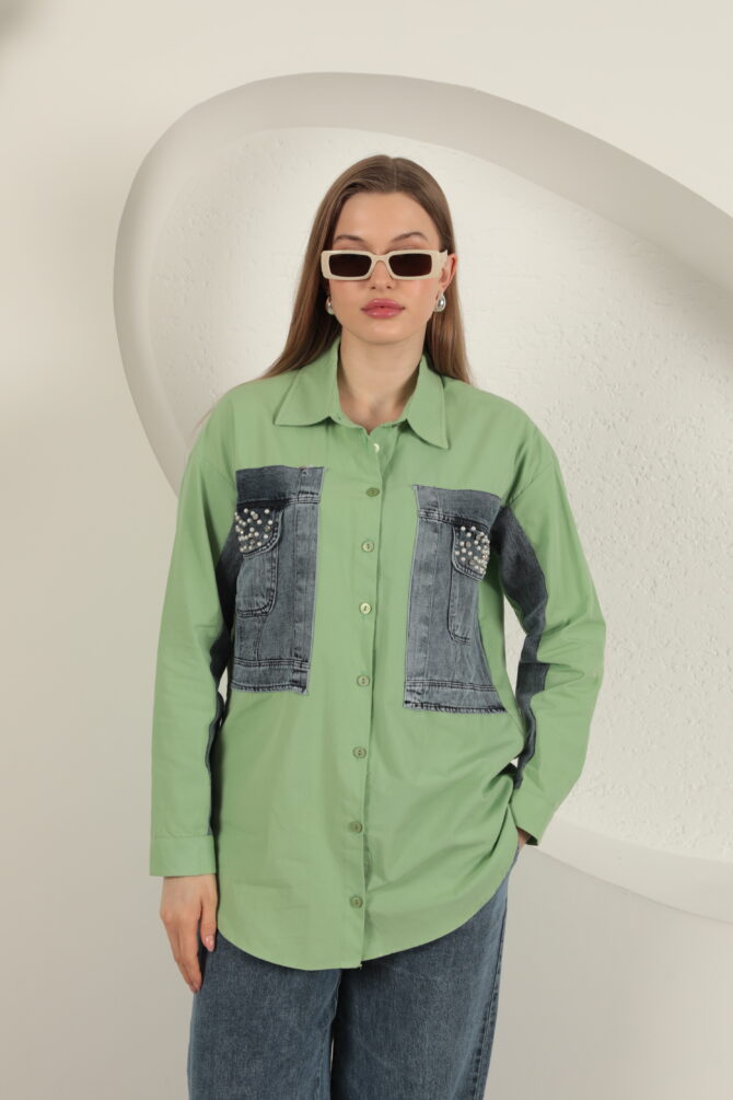 Poplin Kumaş Kot Garnili Gömlek - Fıstık Yeşili - Görsel 4