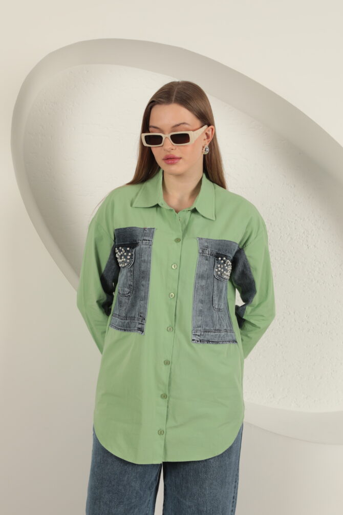 Poplin Kumaş Kot Garnili Gömlek - Fıstık Yeşili - Görsel 6