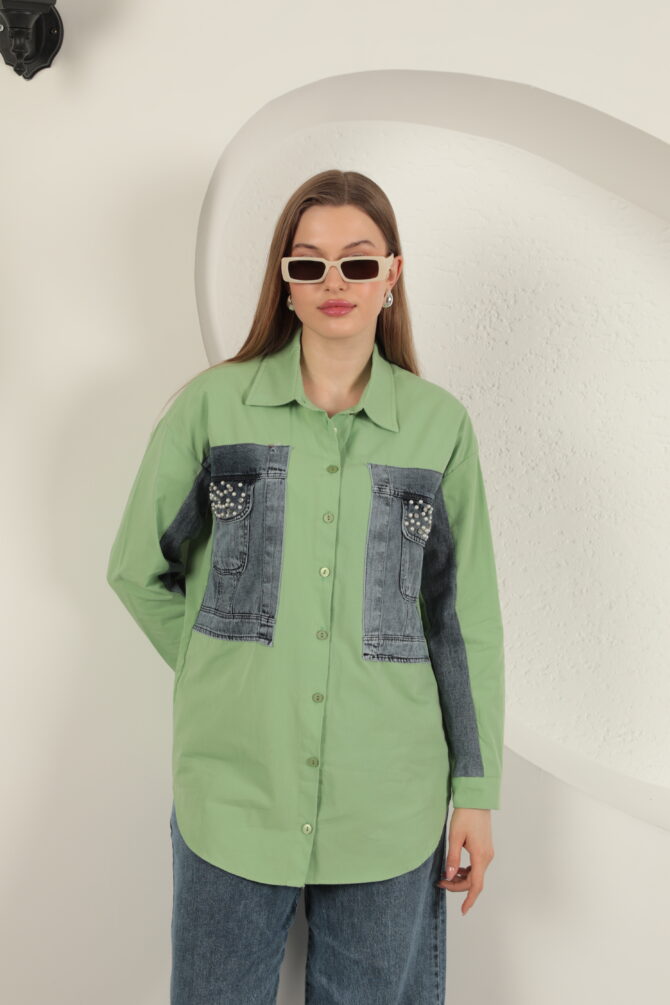 Poplin Kumaş Kot Garnili Gömlek - Fıstık Yeşili - Görsel 5