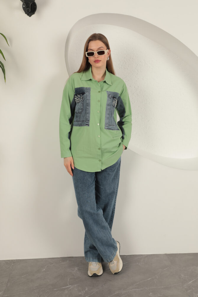 Poplin Kumaş Kot Garnili Gömlek - Fıstık Yeşili