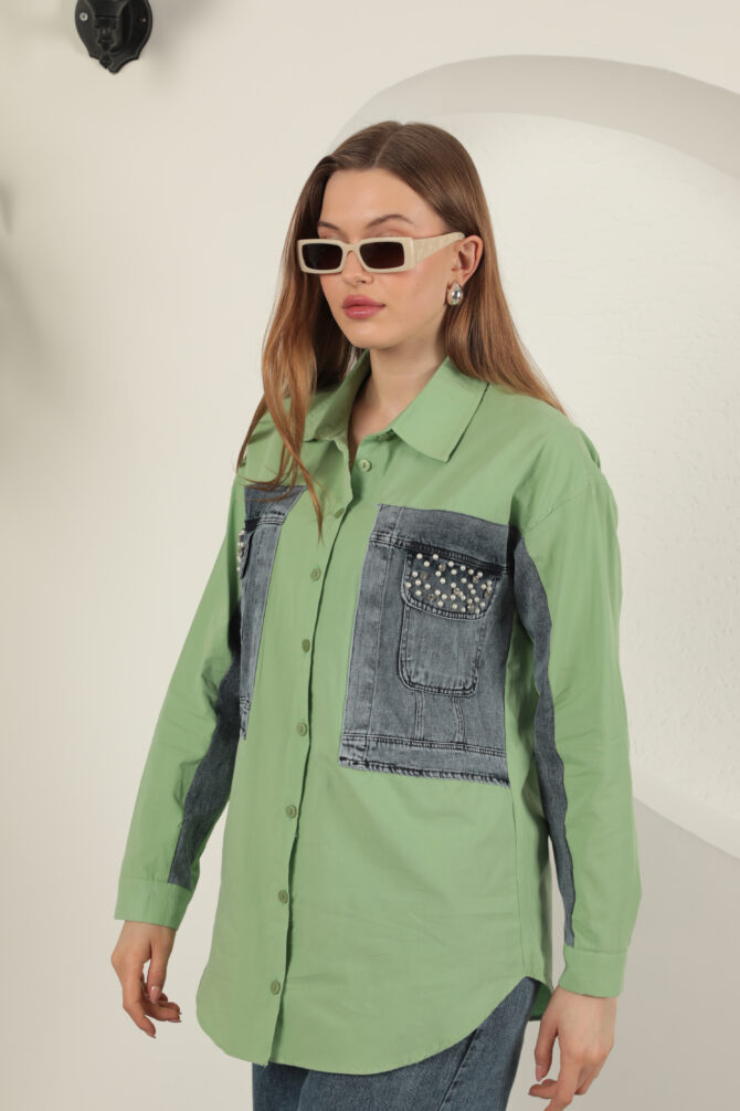 Poplin Kumaş Kot Garnili Gömlek - Fıstık Yeşili - Görsel 7