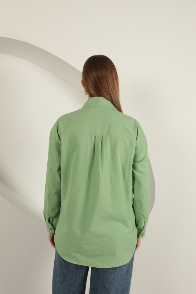 Poplin Kumaş Kot Garnili Gömlek - Fıstık Yeşili - Görsel 8