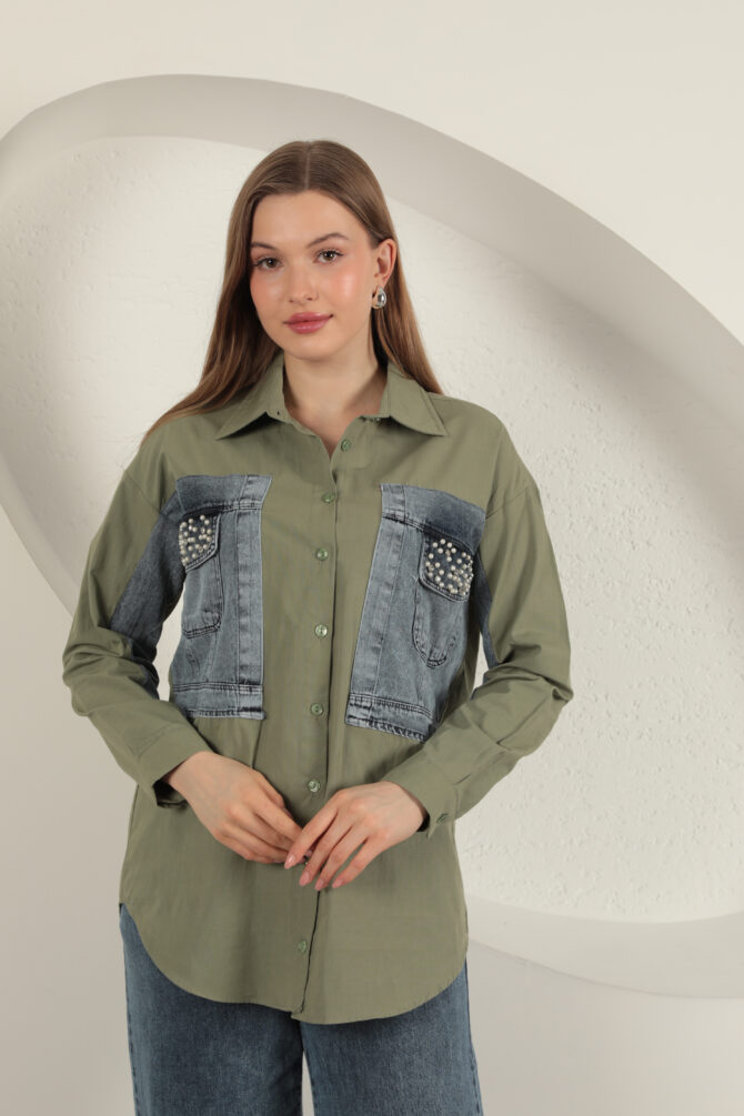 Poplin Kumaş Kot Garnili Gömlek - Haki Yeşili - Görsel 2